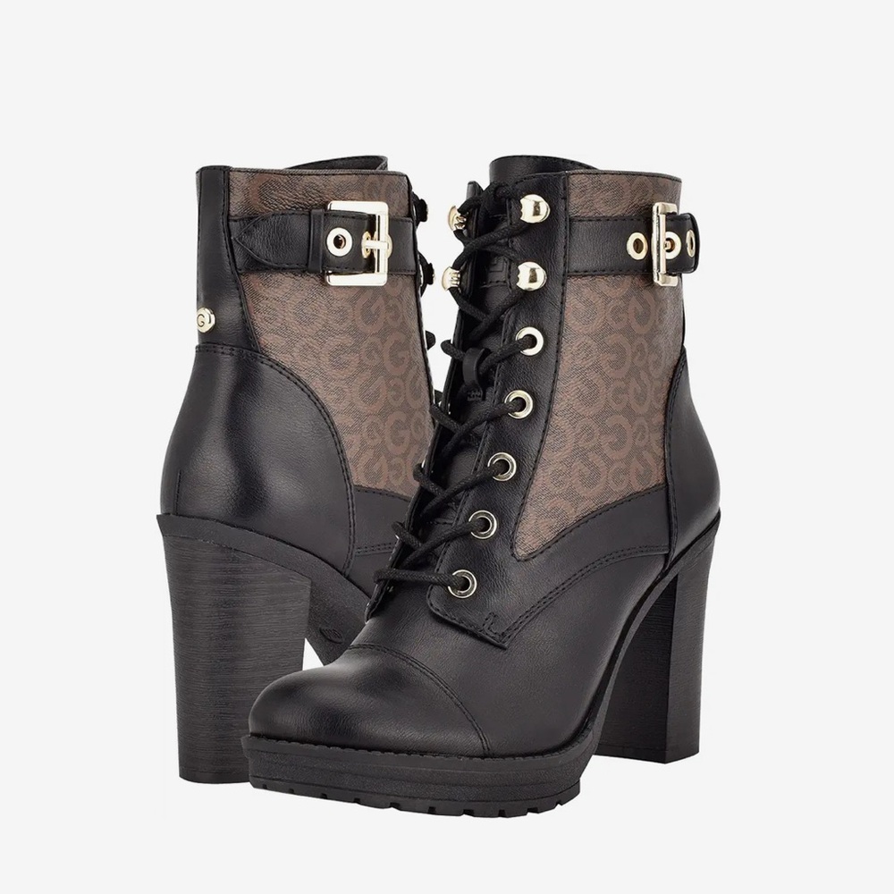 GBG Los Angeles GUESS Women’s 8M Black & Brown Ankle Boots Block Heel Zip & Tie